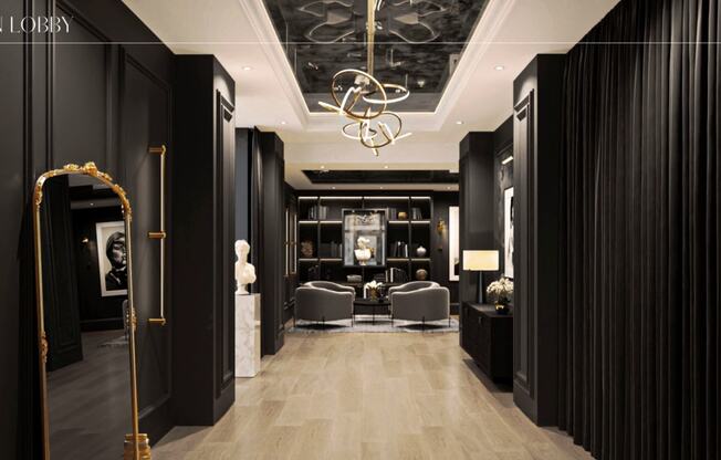 a lobby with black walls and a white marble floor