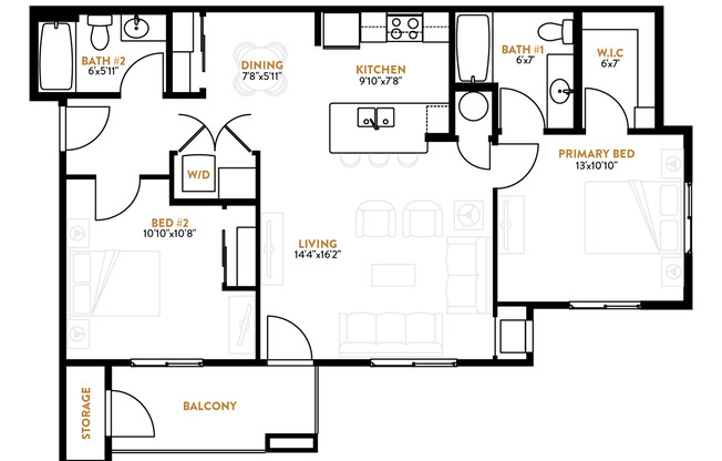 2 beds, 2 baths, 1,052 sqft, $1,765, Unit A201