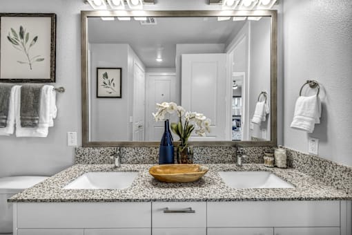 A bathroom with a granite countertop and a large mirror.