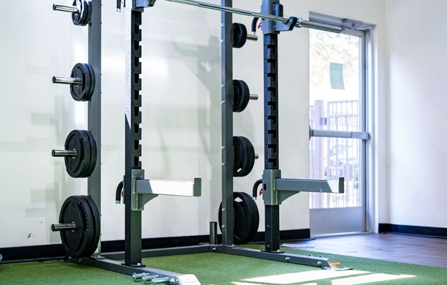 a pair of weights racks in a gym