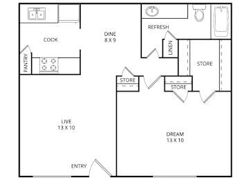 1 bed, 1 bath, 630 sqft, $729