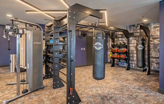 a gym with punching bags and other equipment in a home gym