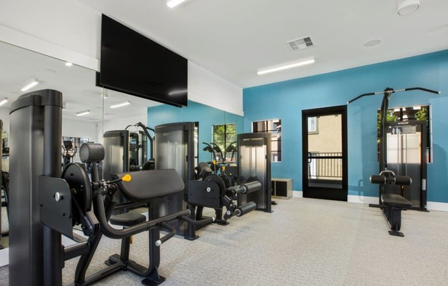 a gym with exercise equipment and a tv in a building