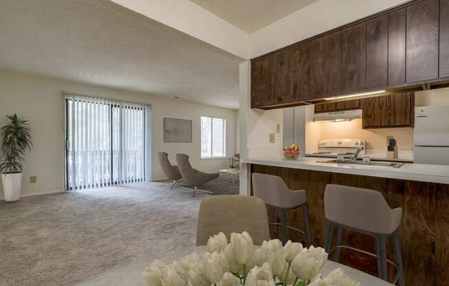 Marigold Deluxe Layout View of Living and Kitchen Areas at Lake in the Pines, NC