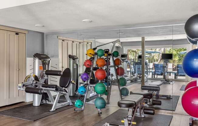 the gym is equipped with weights and cardio equipment at Arcadia Apartments, Centennial, Colorado