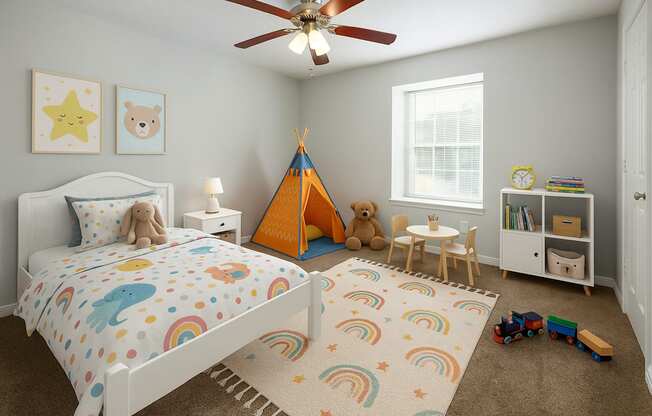 A child's bedroom with a bed, a teepee, a chair, a table, and a rug.