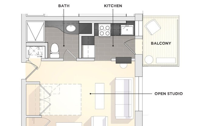 Studio, 1 bath, 366 sqft, $875, Unit F-111