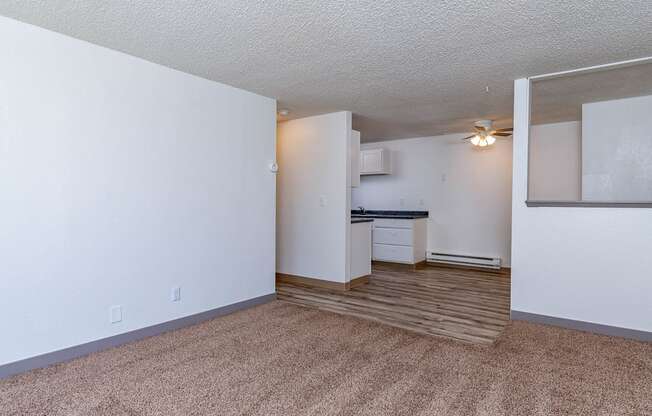 A room with a carpeted floor and a kitchen area in the background.