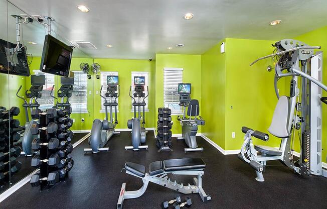 a gym with weights and cardio equipment