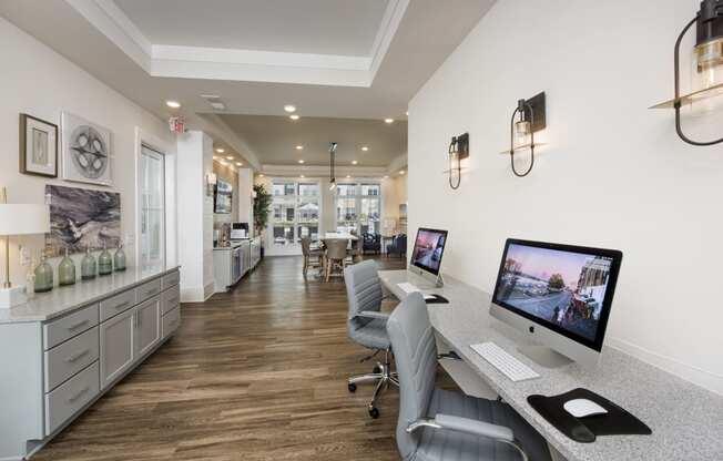 Cyber cafe with computers, desk and chairs at at the Station at Savannah Quarters in Pooler, GA
