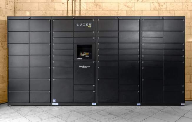 the lockers in the lobby of the building are black