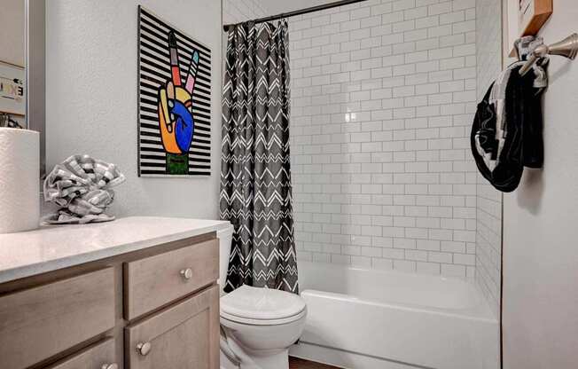 A bathroom with a toilet, a shower curtain, a towel rack, and a painting on the wall.
