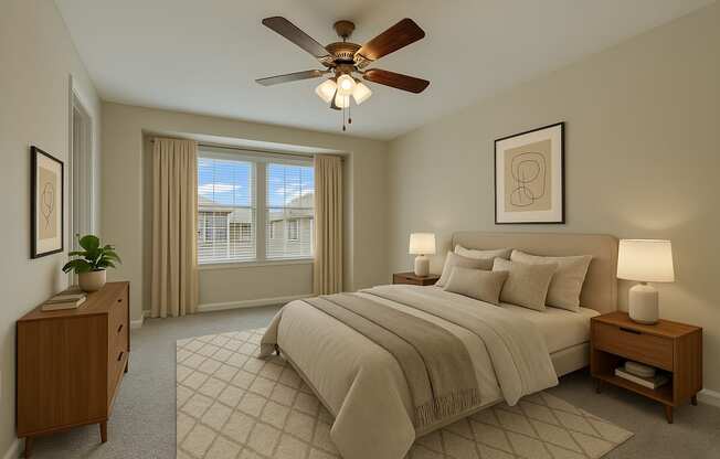 A bedroom with a large bed, a ceiling fan, and a window with curtains.