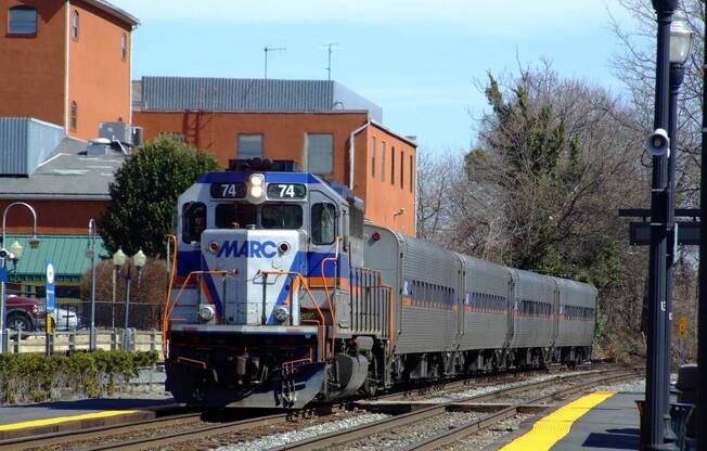 A MARC train is on the tracks.