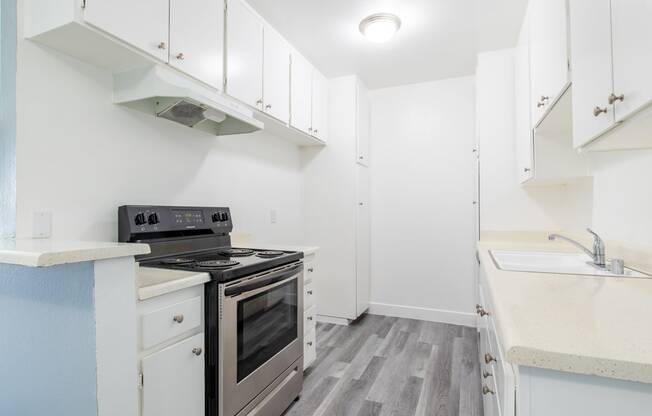 a white kitchen with stainless steel appliances and white cabinets