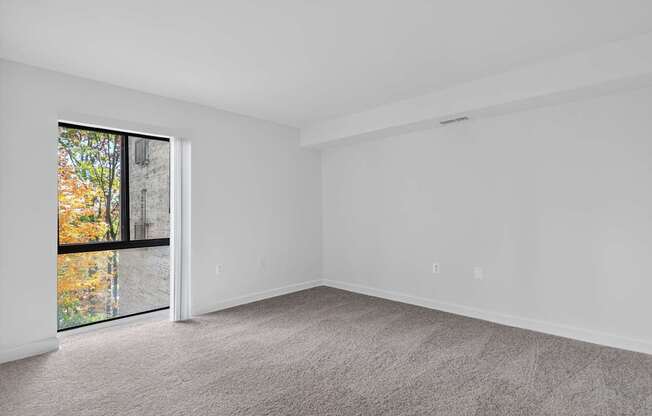A room with a carpeted floor and a window with a view of trees outside.
