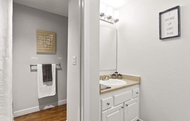 A bathroom with a white sink and a mirror.