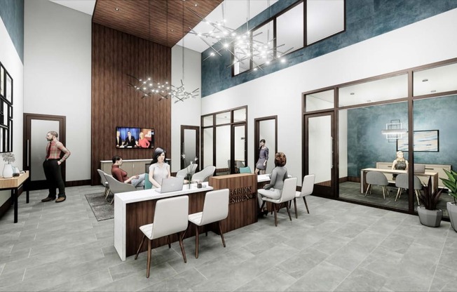 a rendering of the lobby at Residences at 3000 Bardin Road, Grand Prairie