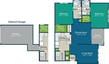 2 beds, 2 baths, 1,211 sqft, $1,732