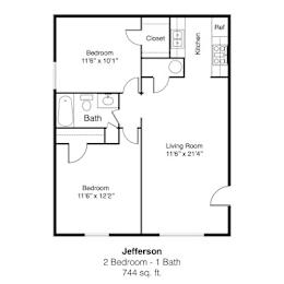 2 beds, 1 bath, 744 sqft, $1,195
