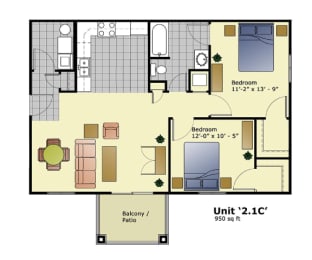 2 beds, 1 bath, 950 sqft, $1,030