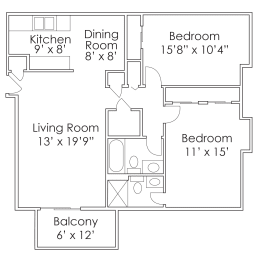 2 beds, 2 baths, 800 sqft, $872