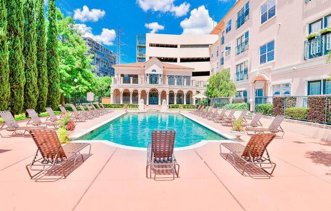 Resort style pool in The Villas at Katy Trail in Uptown Dallas, TX, For Rent. Now leasing Studio, 1, 2 and 3 bedroom apartments.