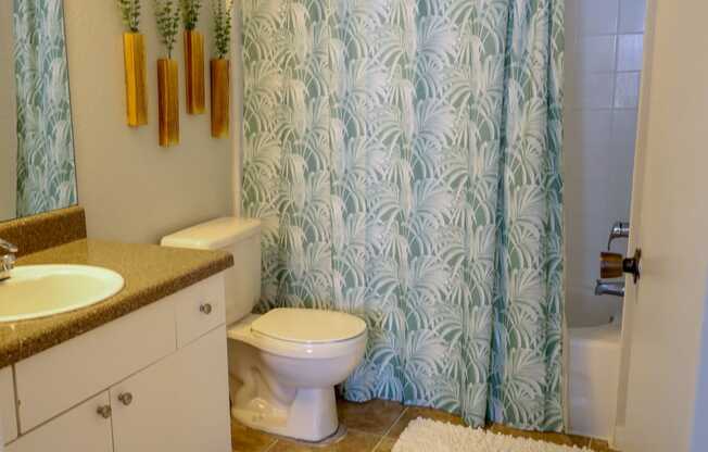 a bathroom with a shower curtain and a toilet and a sink