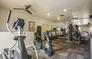A spacious gym with a variety of equipment including treadmills, stationary bikes, and weight machines.