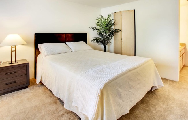 a bedroom with a bed and a potted plant