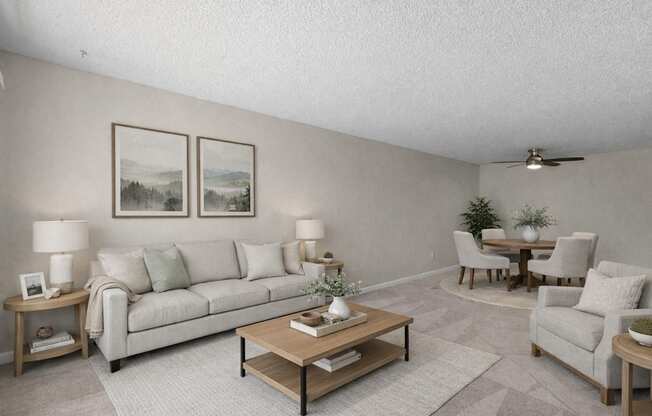 A living room with a couch, chairs, and a coffee table.