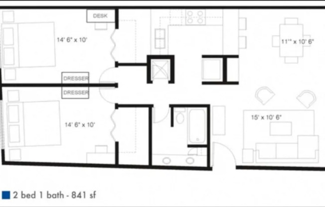 2 beds, 1 bath, 841 sqft, $1,499, Unit 206