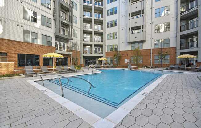 our apartments offer a swimming pool in front of our building at Link Apartments® Calyx, North Carolina