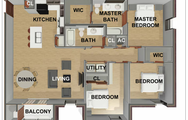 3 beds, 2 baths, 1,269 sqft, $1,475, Unit A-01/ BROWN C/PARKING LOT VIEW