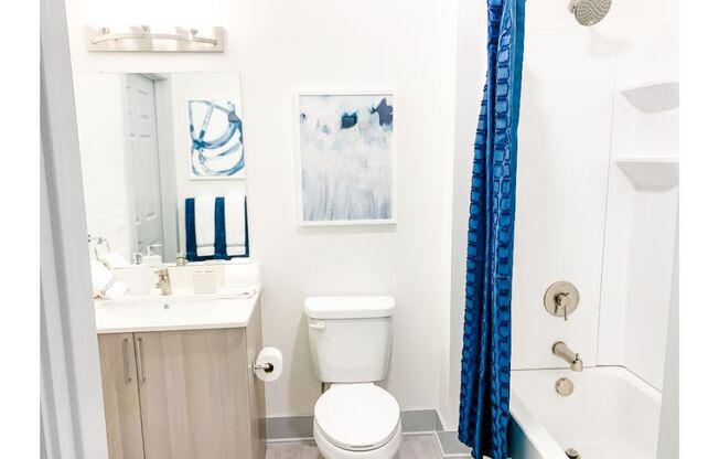 a bathroom with a white toilet and a blue shower curtain