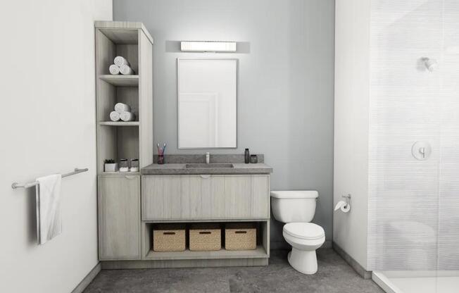 Designer bathrooms with double vanities, quartz countertops, and linen closet in select apartment homes near Boston.