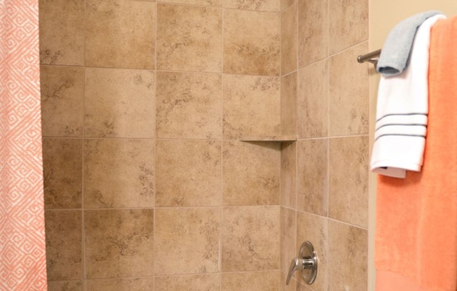 a bathroom with a shower and a tub and a towel