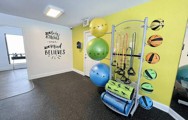Eastland Apartments fitness studio with yoga balls