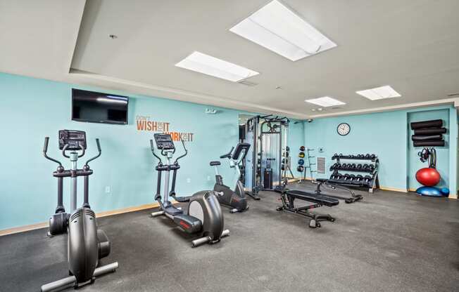 the gym is equipped with state of the art cardio machines and weights