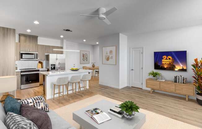 an open living room with a kitchen and a dining room