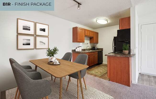 A kitchen with a dining table and chairs.