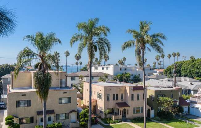 an aerial view of a neighborhood with palm trees and the ocean in the background