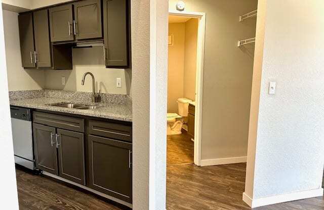 a kitchen with black cabinets and a sink