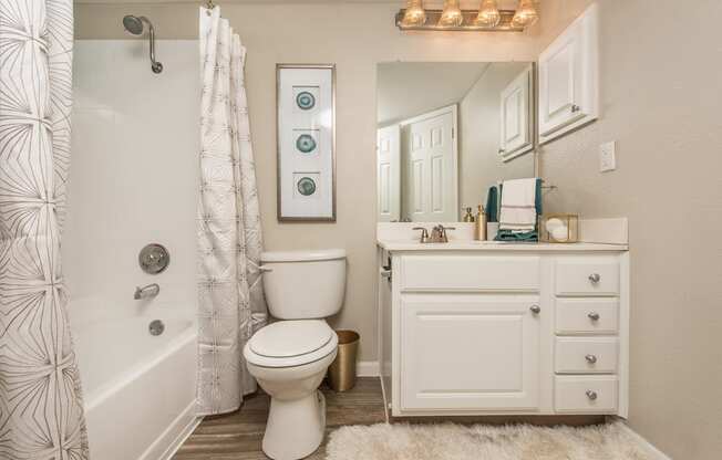 a bathroom with a shower toilet and sink at Highland Ridge Apartments, Overland Park , KS