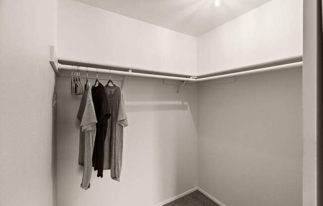 A white closet with clothes hanging on a rail.