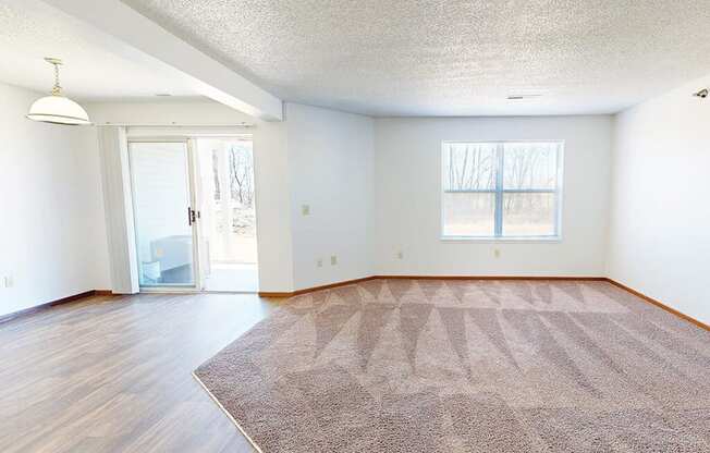 A room with a rug on the floor and a door leading to a balcony.