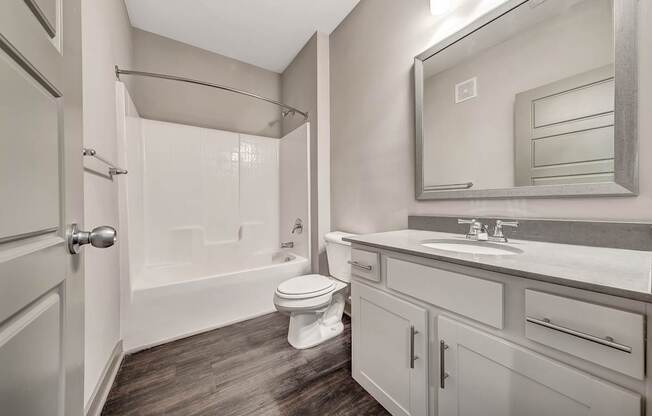 a bathroom with a mirror and a toilet and a sink