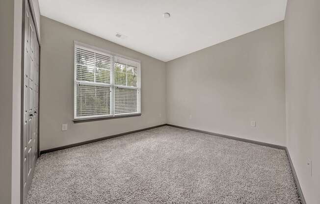 the living room of an empty home with carpet and a window