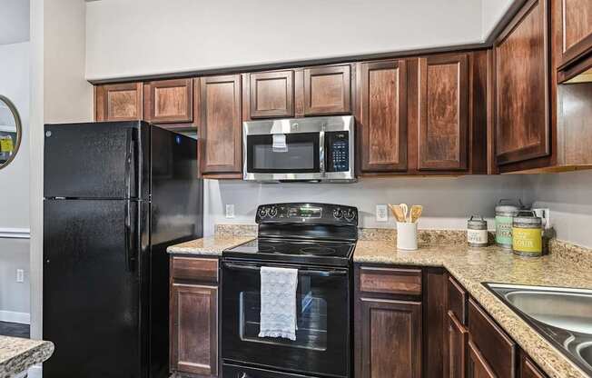 A black refrigerator and oven in a kitchen with brown cabinets.