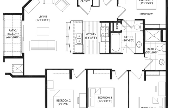 4 beds, 2 baths, 1,116 sqft, $5,275, Unit 206